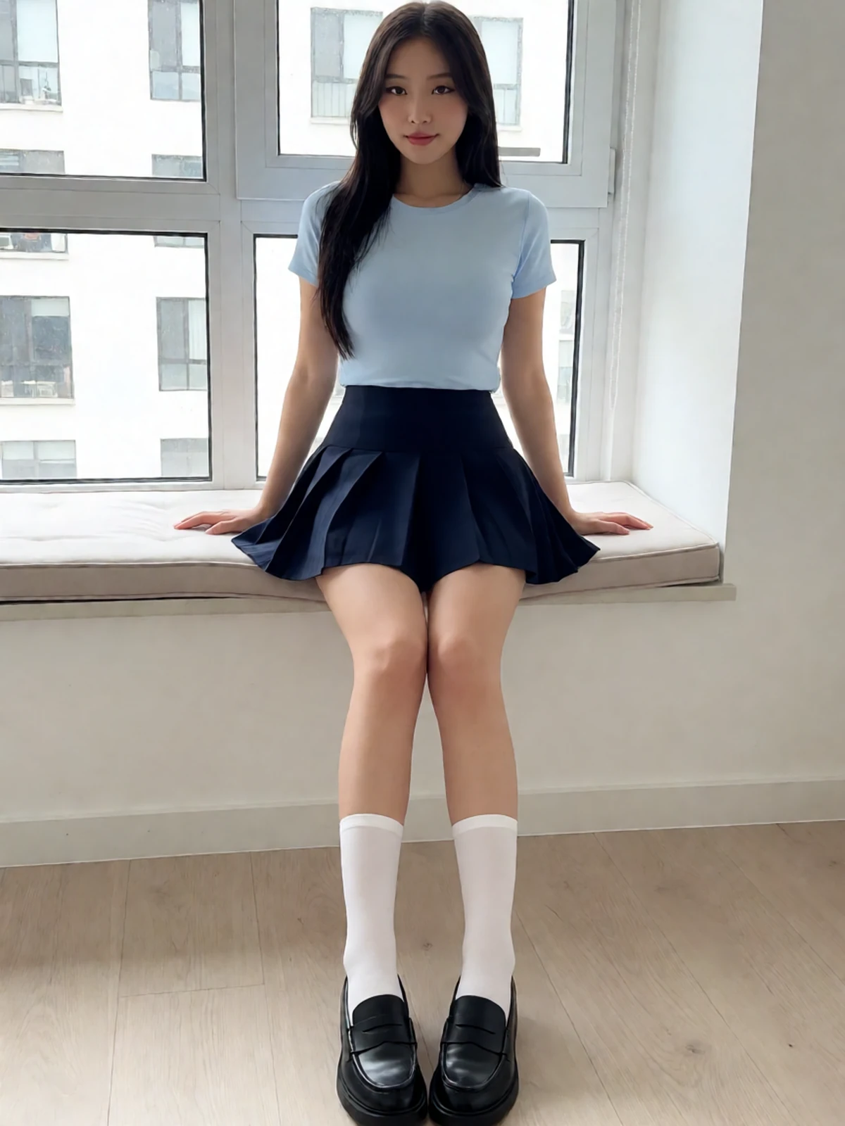 美脚白袜乐福鞋图,成年模特穿蓝色短裙坐在公寓窗台旁